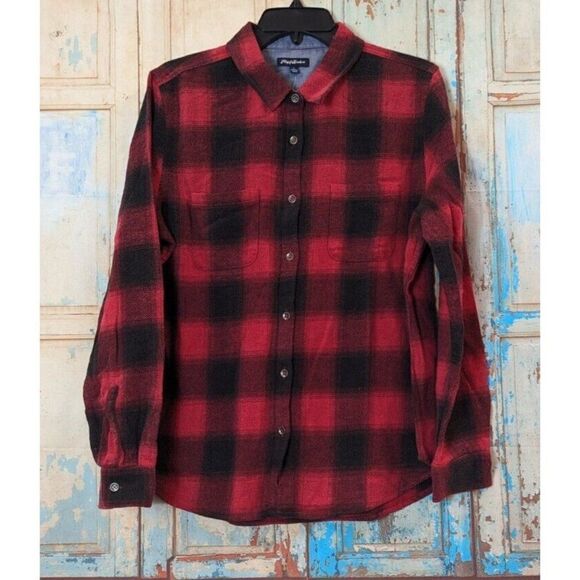 Flag & Anthem Womens Size L Red Black Plaid Long Sleeve Collared Button Up Shirt - Picture 2 of 9